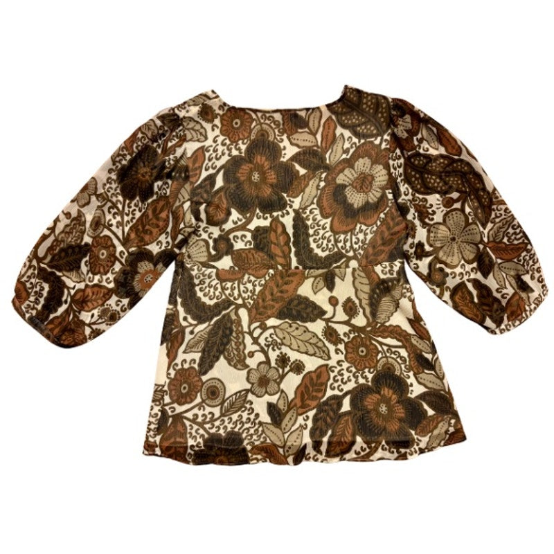 Y2K Earthy Burnt Orange, Cream, and Green Sheer Floral Puff Sleeve Blouse (M)