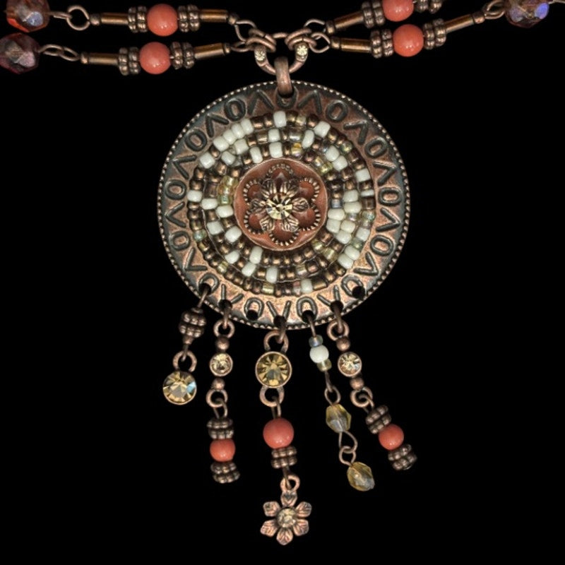 70’s Vntg Avon Copper-toned Beaded Disc Flower Pendent Choker Necklace