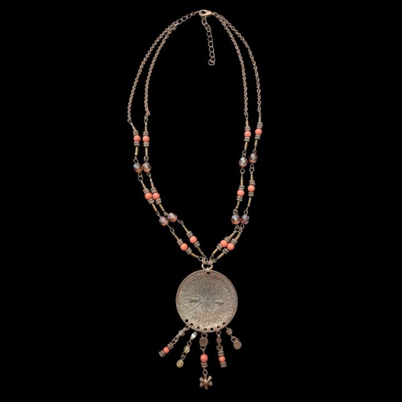70’s Vntg Avon Copper-toned Beaded Disc Flower Pendent Choker Necklace
