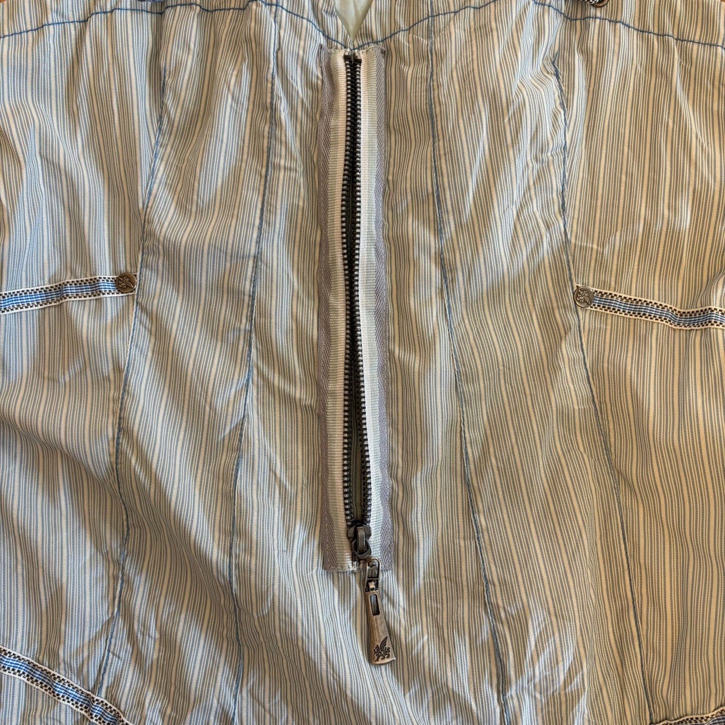 C’est Fait Pour Vous Y2K Light Blue and White Pinstriped Drop Waist Handkerchief Hem Fairy Dress (S/M)
