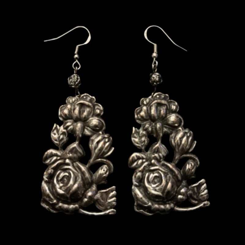 OOAK Antiqued Silver Roses Drop Earrings | Upcycled Vintage