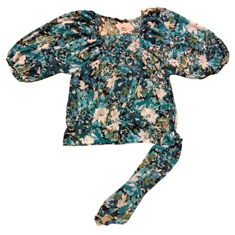 Sheer Blue/Green Floral Puffed Sleeve Peasant Top w/ Sash (L)