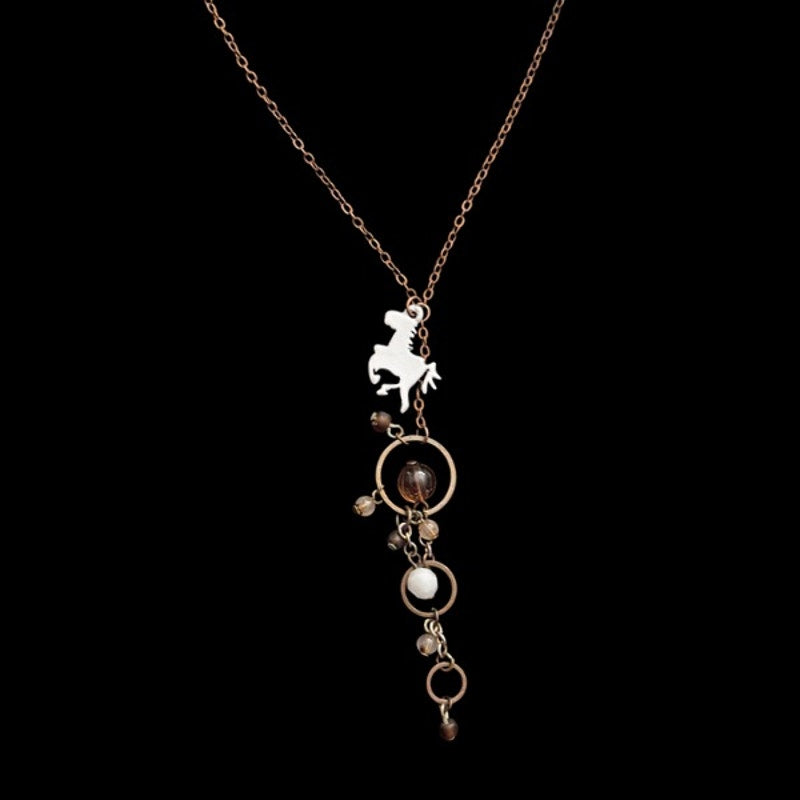 Vintage White Horse & Bronze Beaded  Bauble Bronze-toned Layered Drop Pendant Choker Necklace
