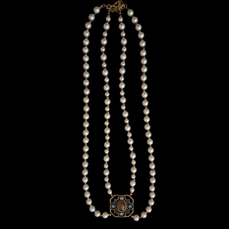 Double Strand Pearl Necklace with Square Vintage Costume Oval Amber, Sapphire & Clear Rhinestone Studded Bronze Pendant