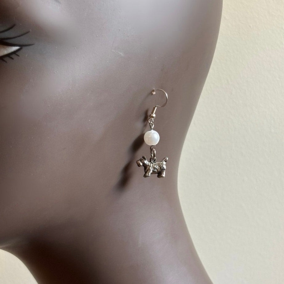 Pearl Bead & Vintage Sterling Silver Terrier and Bulldog Charm Drop Earrings