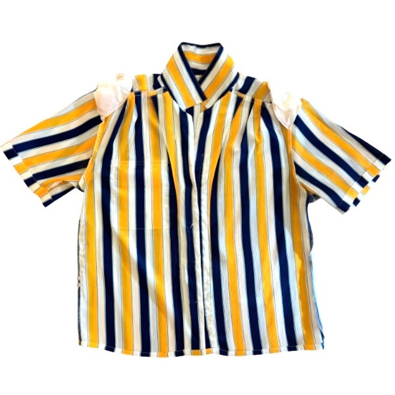 Vintage Textured Satin Yellow, White, & Blue Striped Short Sleeve Shirt (M/L)