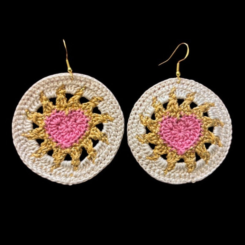 Pink, Gold, & Cream Hearts on Fire Micro-crocheted Disc Earrings