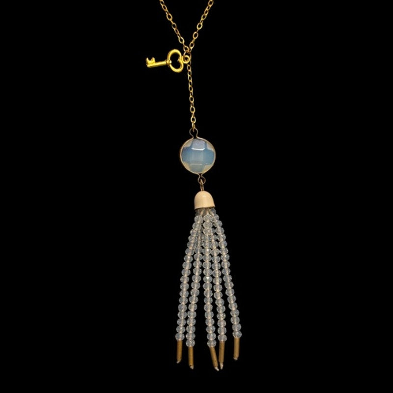 Beaded Tassel and Key Charm Gold-toned Drop Pendant Choker Necklace