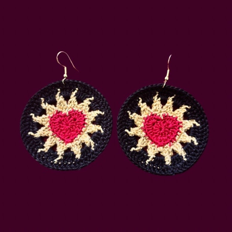 Red, Gold, & Black Hearts on Fire Micro-crocheted Disc Earrings