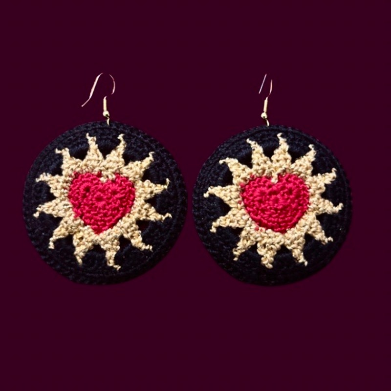 Red, Gold, & Black Hearts on Fire Micro-crocheted Disc Earrings