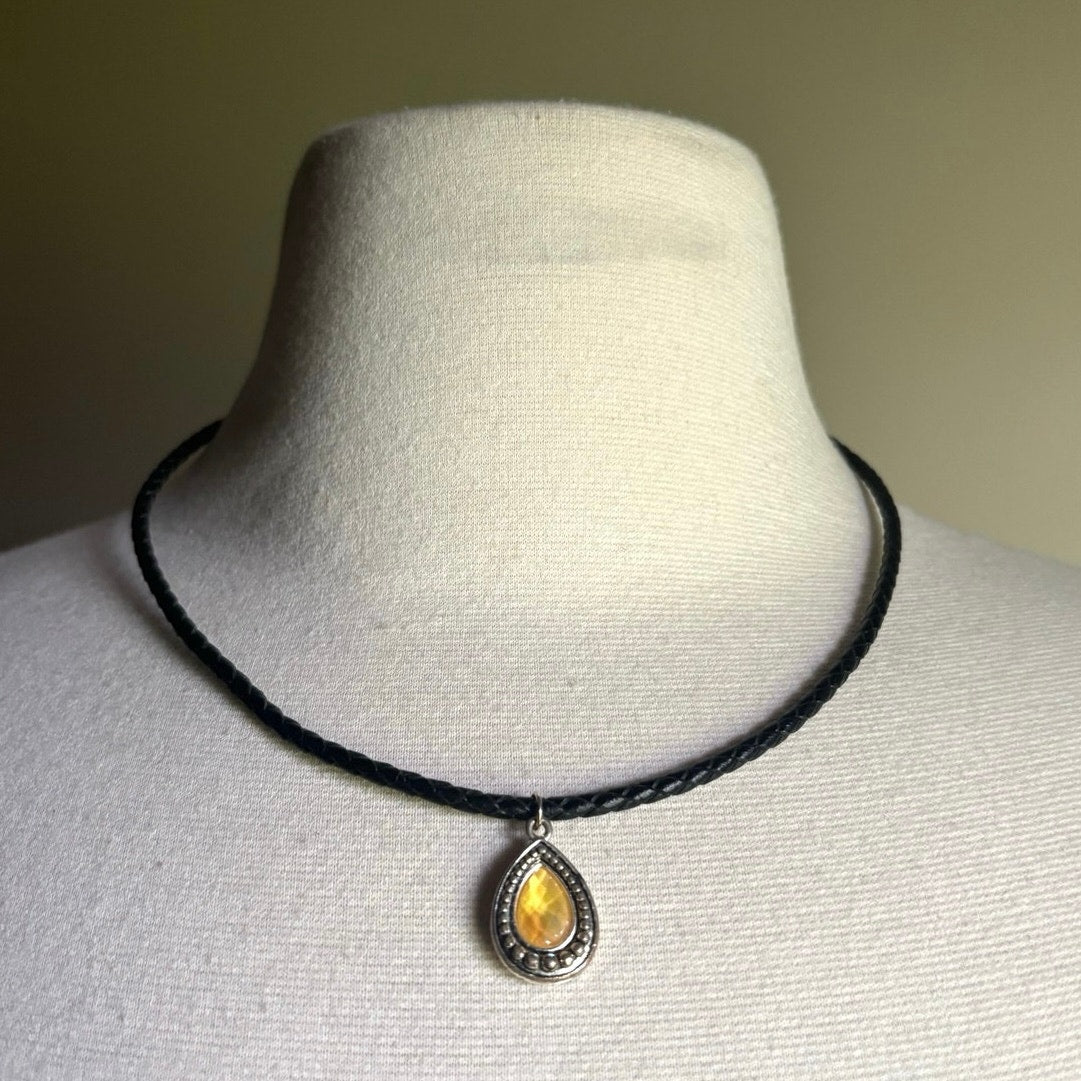 Faux Yellow Topaz & Silver Teardrop Pendant Leather Cord Choker Necklace
