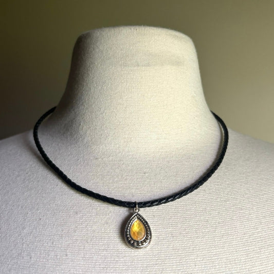 Faux Yellow Topaz & Silver Teardrop Pendant Leather Cord Choker Necklace