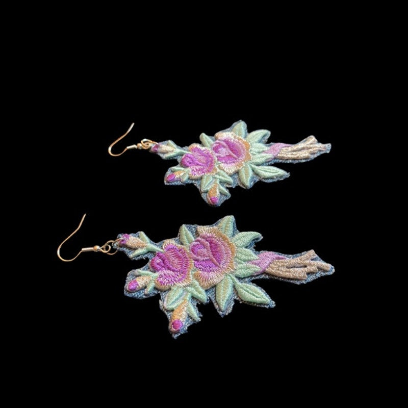 Vintage Purple/Silver Rose Bouquet Embroidered Patch + Denim Earrings