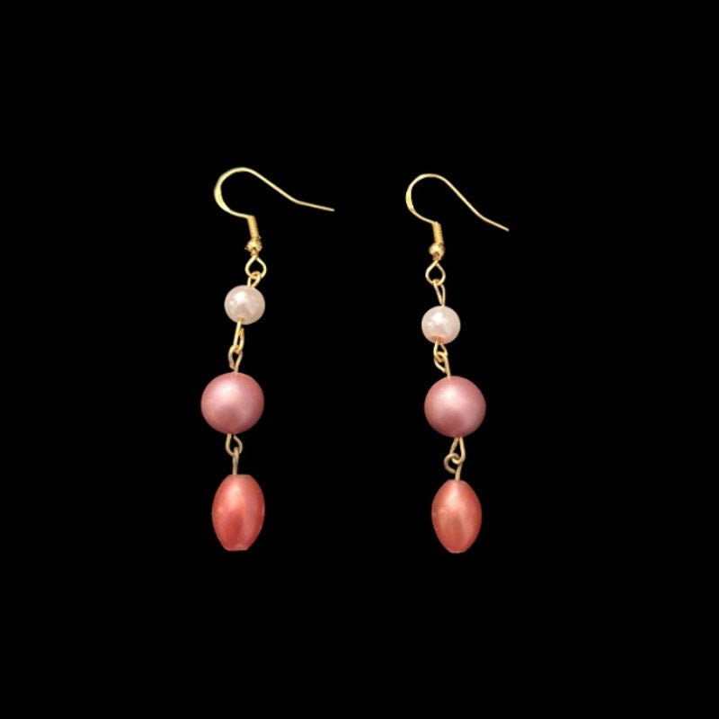 Pastel & Fuchsia Pink Pearl & Orange Bead Dangle Drop Earrings
