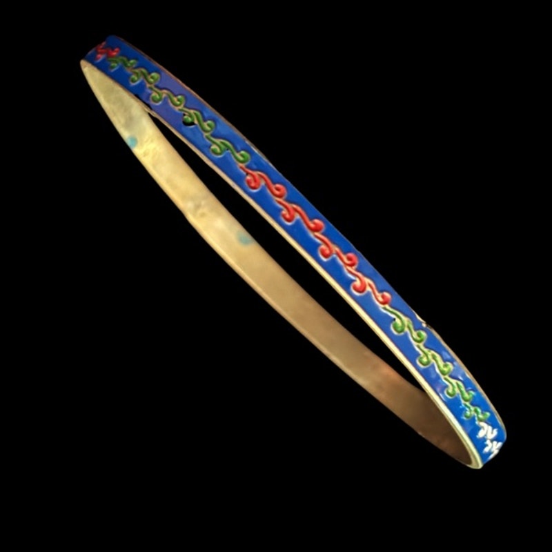 Royal Blue/ Multi Scroll Vintage Cloisonné Brass & Enamel Bangle (Small)