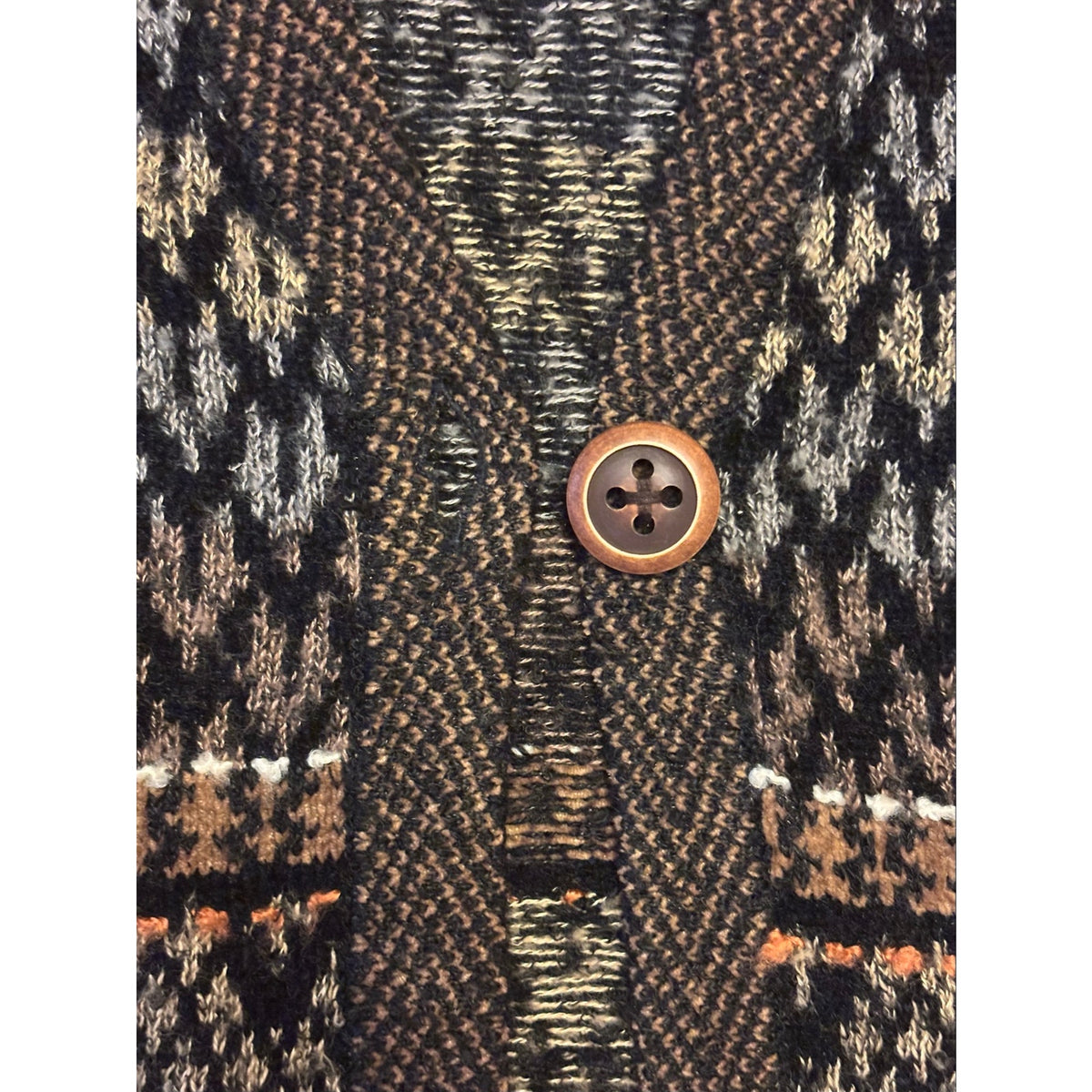Y2K Black & Brown Fair Isle Knit Short-sleeve Wooden Button Cardigan (6-8)