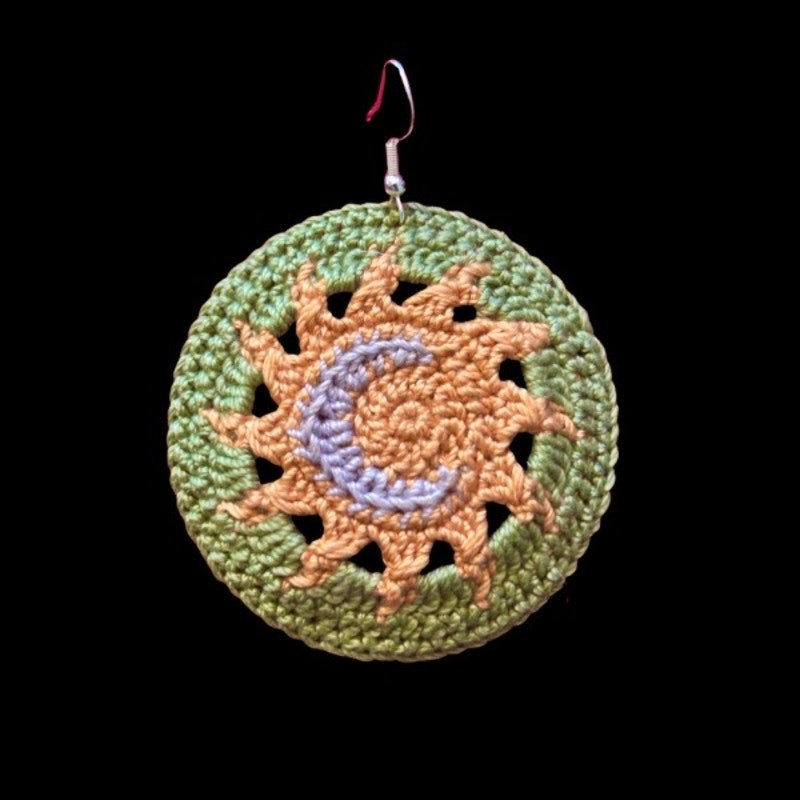 Sage Green Sun and Moon Micro-crocheted Disc Earrings | Made by Maya