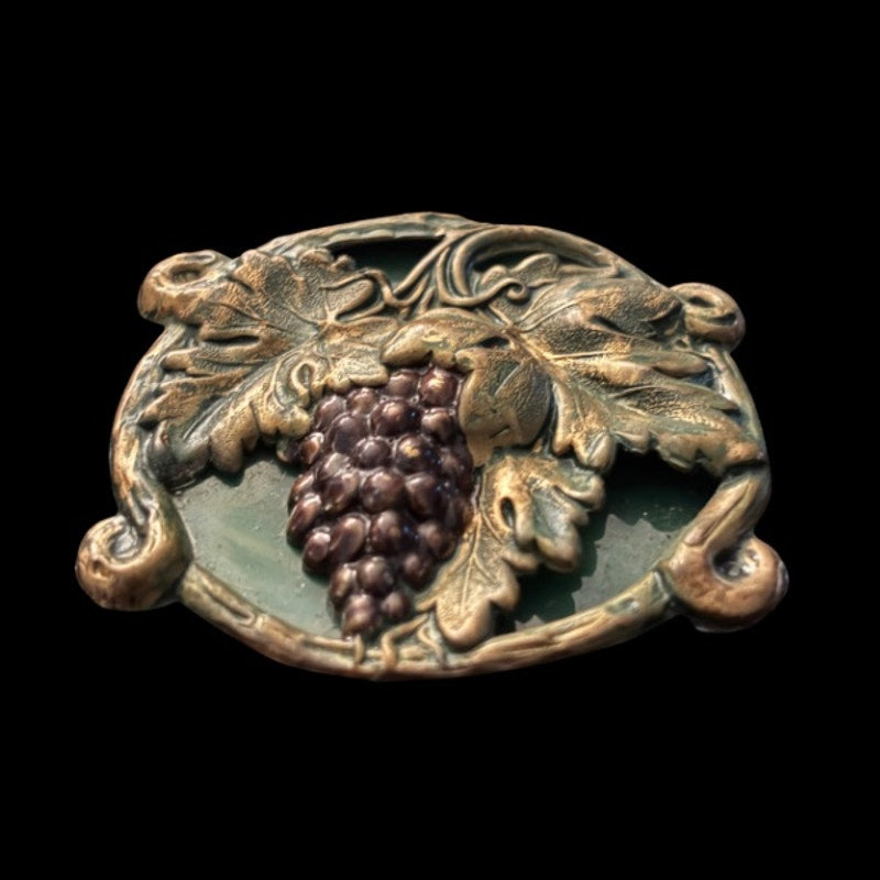 Vintage Studio 229 Round Grapevine Green Stained Glass and Brass Brooch