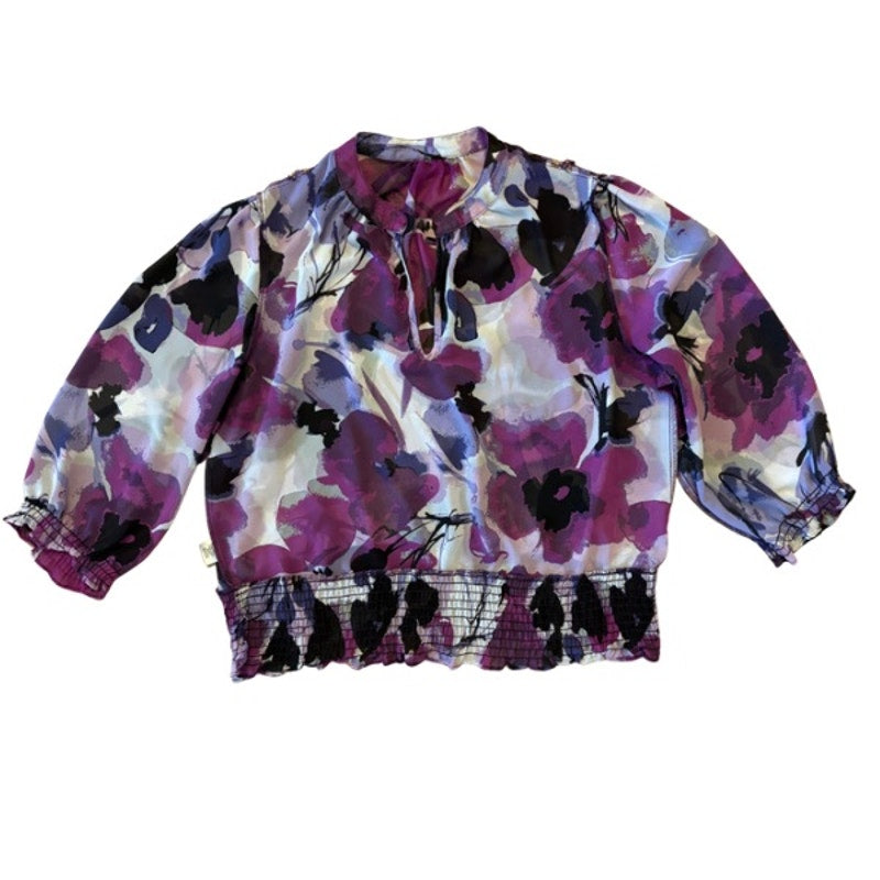 Sheer Purple Poppies Floral 1/2 Sleeve Cropped Peasant Blouse (PL)