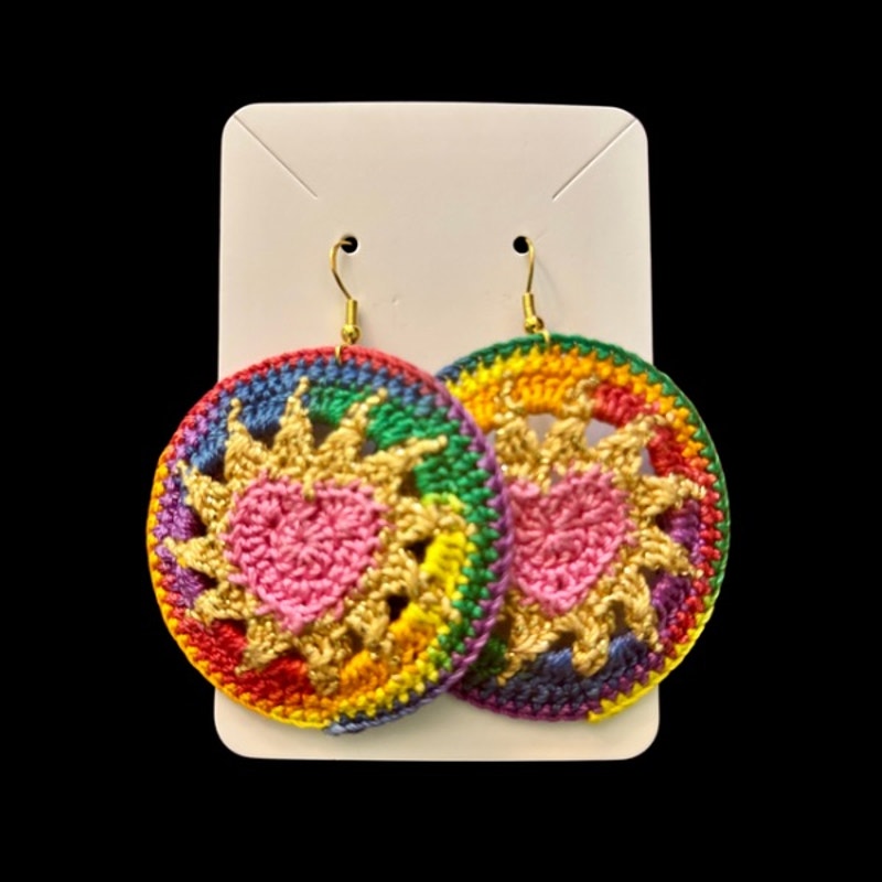 Pink, Gold, & Rainbow Hearts on Fire Micro-crocheted Disc Earrings