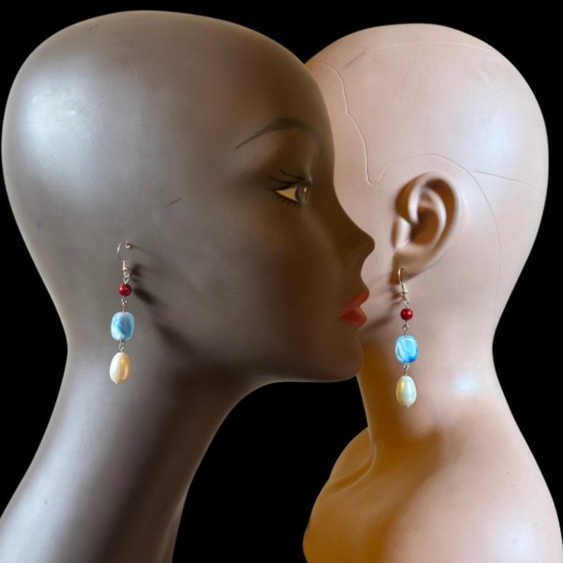 Baroque-Inspired Red, Marbled Sky Blue, & Pearl Bead Drop Earrings
