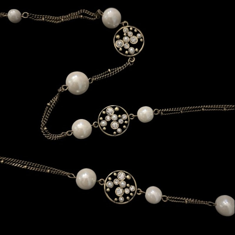 Vintage Bronze-tone Costume Pearl Bead & Rhinestone Studded Chain Necklace/ Belt (35”)