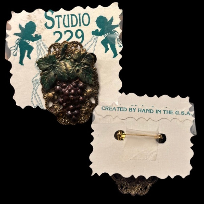 Vintage Studio 229 Brass Filigree Frame Grapevine Bunch of Red Grapes Brooch