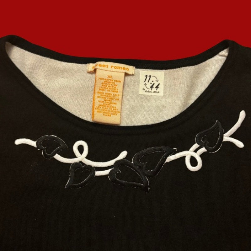 Vintage Black & White Heart Scroll Patch Upcycled Long-Sleeve Shirt (L)