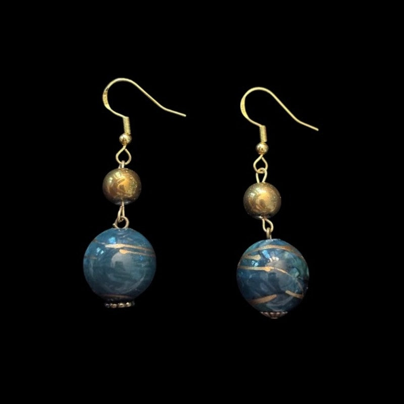 Baroque-inspired Gold and Marbled Green Beaded Drop Earrings