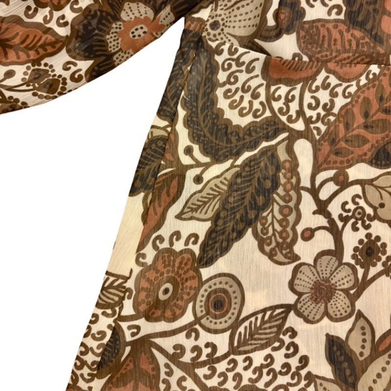 Y2K Earthy Burnt Orange, Cream, and Green Sheer Floral Puff Sleeve Blouse (M)