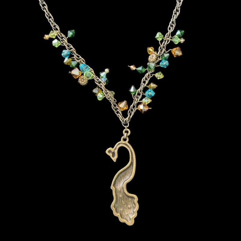 Vintage Bronze Rhinestone Studded Peacock Pendant Beaded Necklace