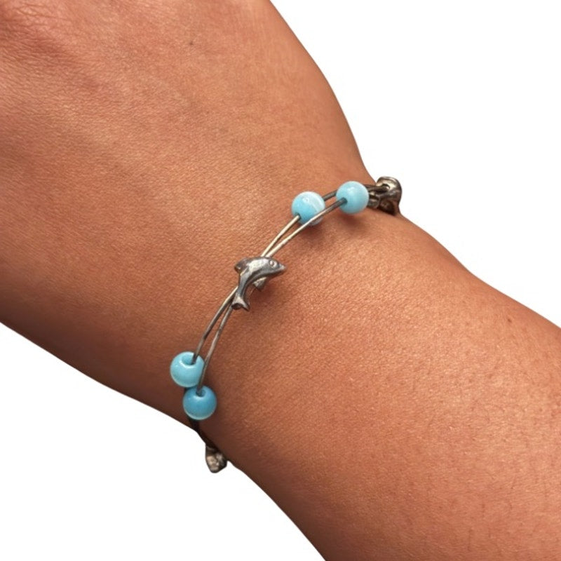 Vintage Silver Dolphin & Aquamarine Bead Wire Cuff Bracelet