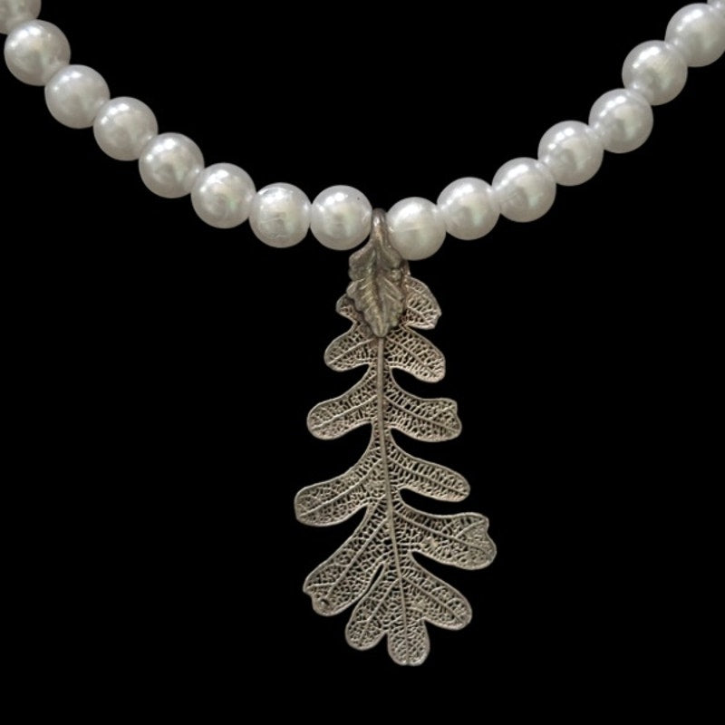 Vintage Silver Leaf Pendant Pearl Choker Necklace | Handmade with Secondhand Materials