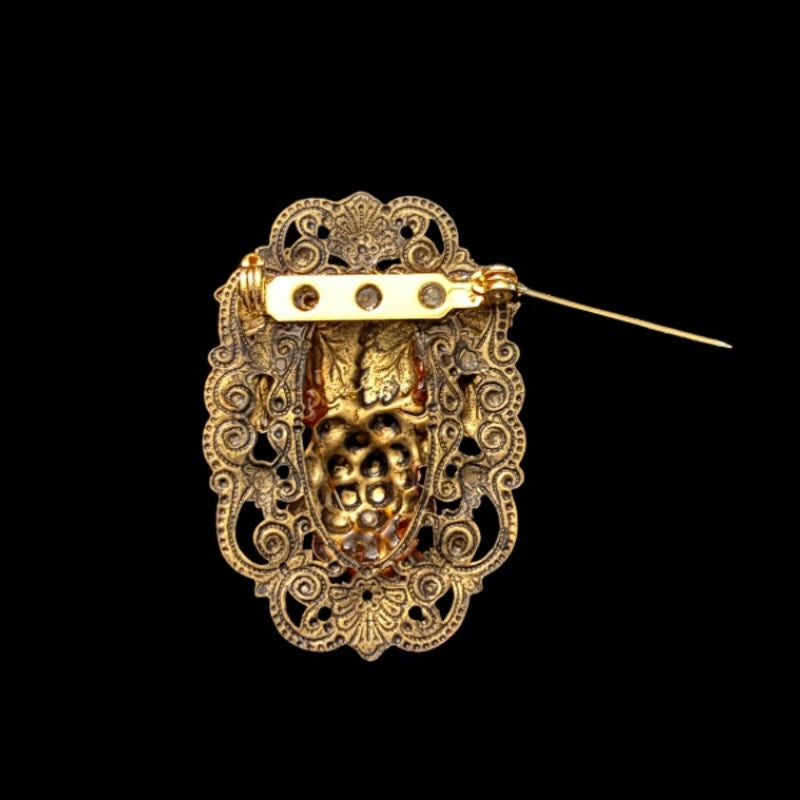 Vintage Studio 229 Brass Filigree Frame Grapevine Bunch of Red Grapes Brooch