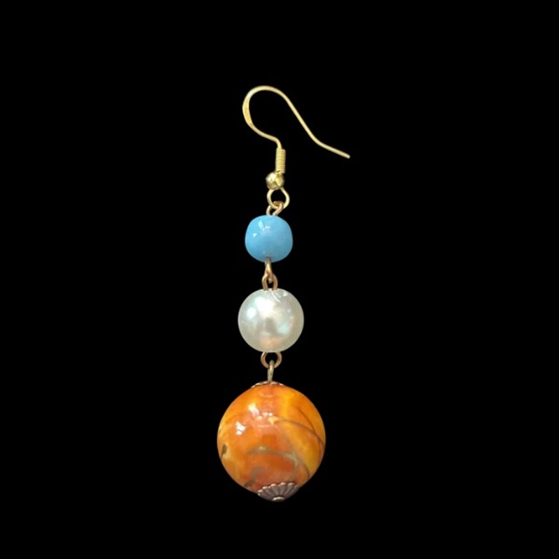 Baroque-inspired Gold/Orange, Faux Pearl & Turquoise Beaded Drop Earrings
