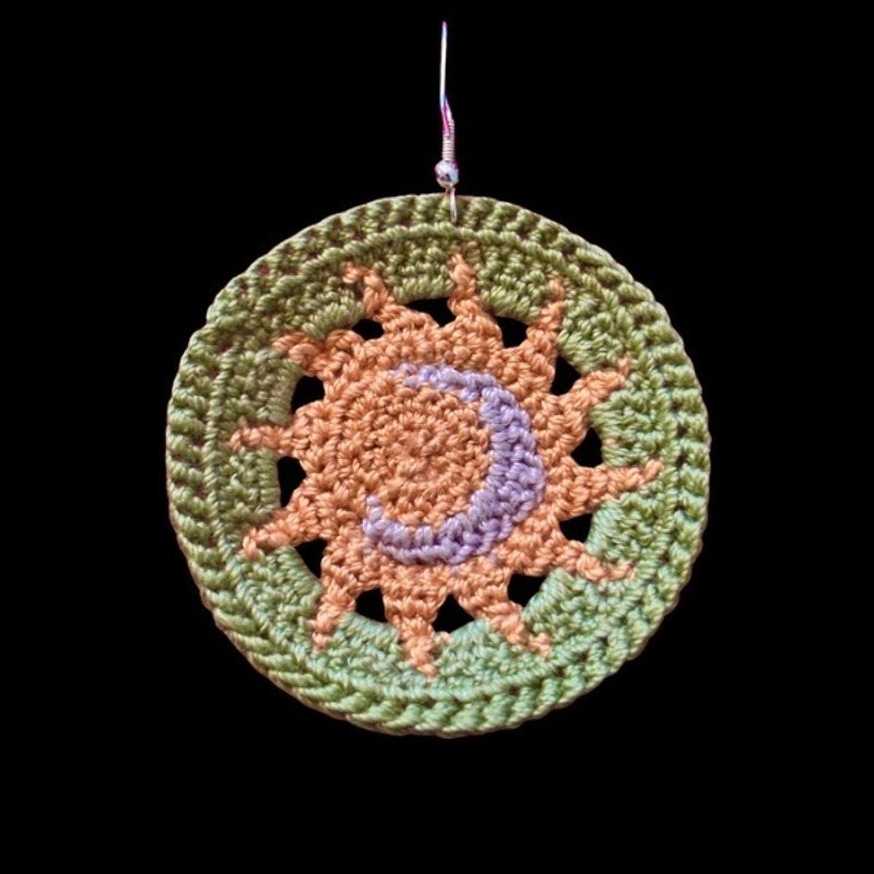 Sage Green Sun and Moon Micro-crocheted Disc Earrings | Made by Maya