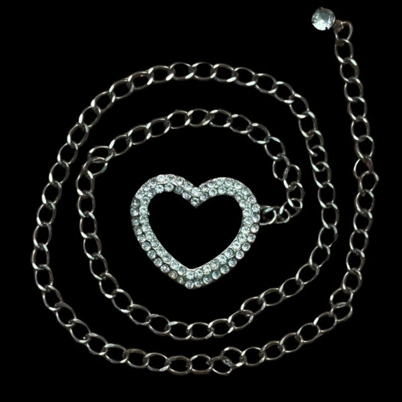 Y2K Silver Rhinestone Heart Chain Belt (fits up to XL)