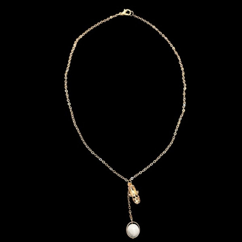 Gold Top Hat Skull & White Marble Charm Layered Drop Pendant Necklace