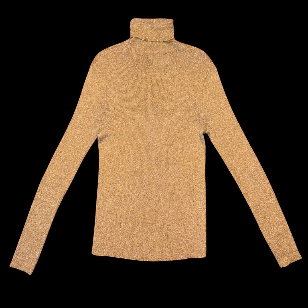 1970’s Vintage Sheer Ribbed Knit Gold Metallic Turtleneck Long Sleeved Sweater (M)
