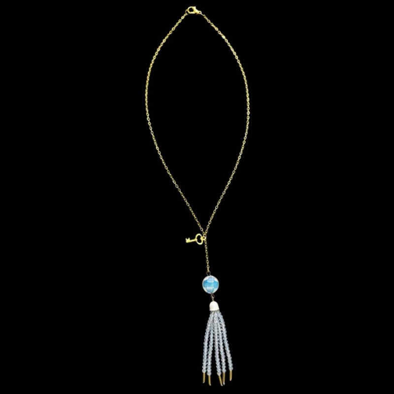 Beaded Tassel and Key Charm Gold-toned Drop Pendant Choker Necklace