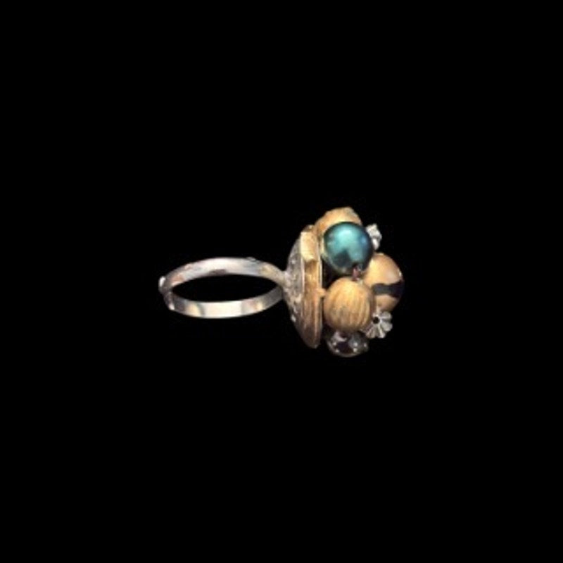 Black, Gold, and Green Beaded Flower Upcycled Vintage Earring Ring (6.5-8)