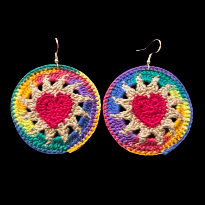 Red, Gold, & Rainbow Hearts on Fire Micro-crocheted Disc Earrings