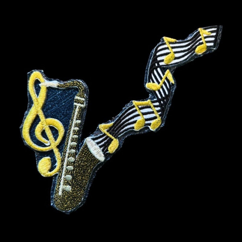 Large Treble Cleft & Playing Saxophone Jazz Music Vintage Embroidered Patch Pin