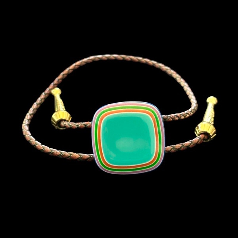 Upcycled Vintage Turquoise Blue/Multi Striped Border Square Bolo Bracelet