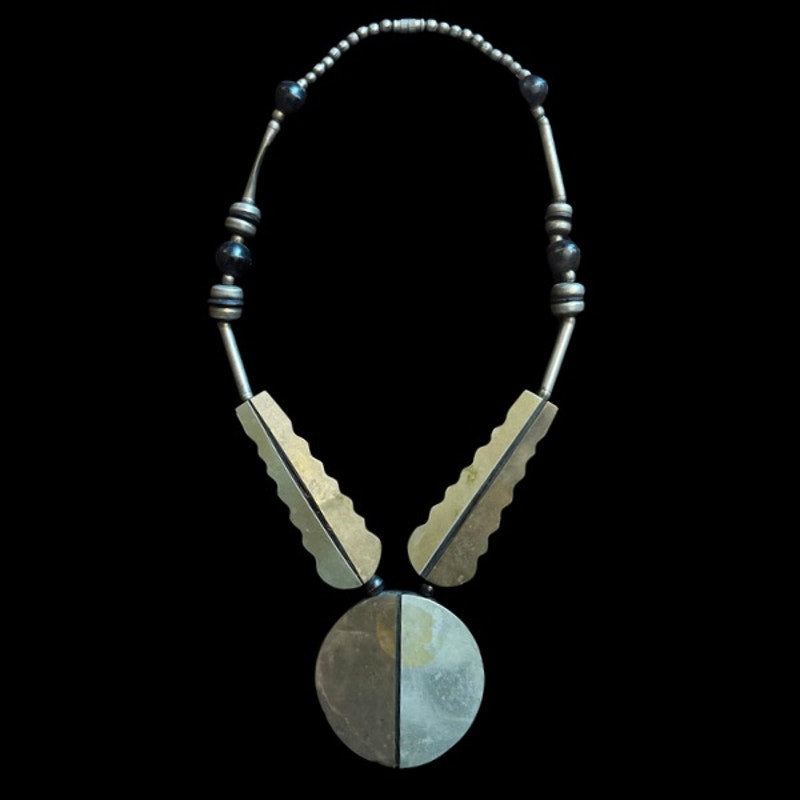 Vintage Black, Bronze & Silver Beaded Mixed Metal & Wood Disc Pendant Necklace