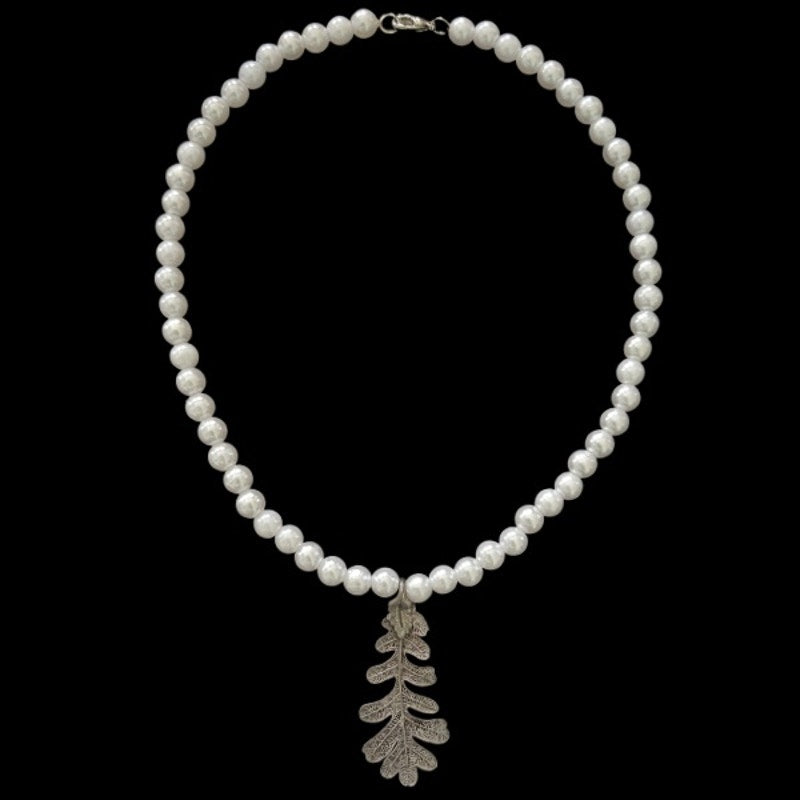 Vintage Silver Leaf Pendant Pearl Choker Necklace | Handmade with Secondhand Materials