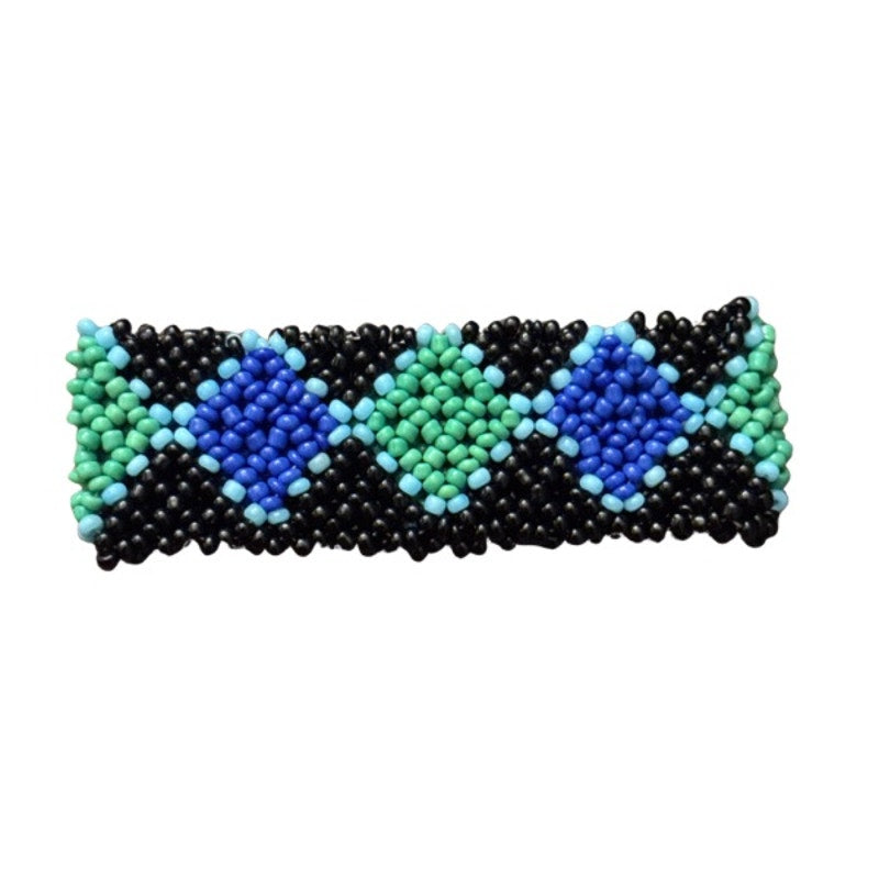 Vintage Black, Blue, and Green Diamond Pattern Seed Bead Stretch Bracelet