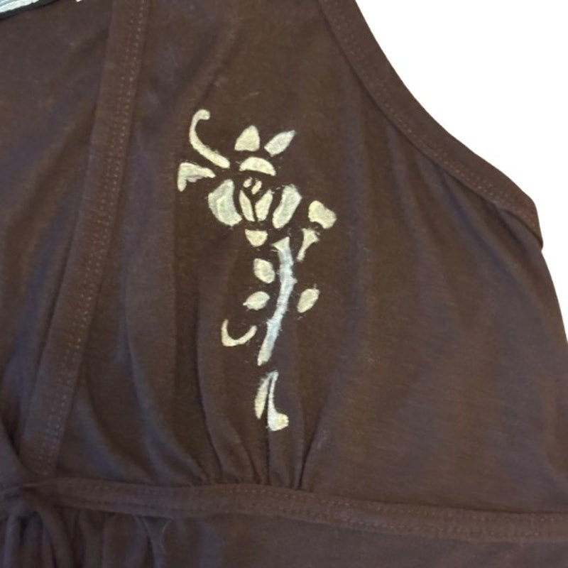 Y2K Chocolate Brown Painted Roses Halter-Style Babydoll Mini-Dress (M)