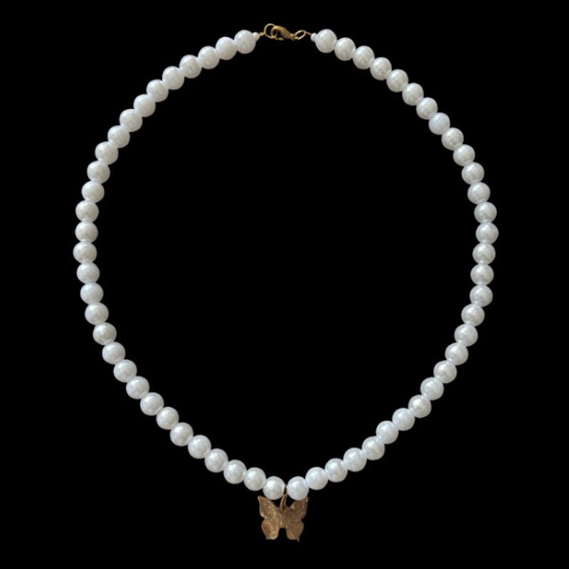 Yellow Butterfly Charm Pendant Pearl Necklace | Handmade with Secondhand Materials