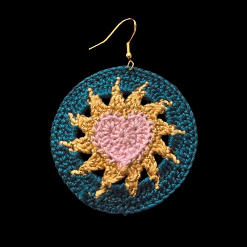 Pink, Gold, & Teal Hearts on Fire Micro-crocheted Disc Earrings